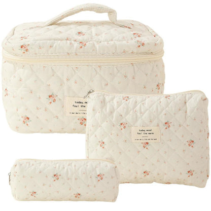 3-Piece Quilted Floral Cosmetic Bag Set – Cotton Travel Toiletry & Skincare Organizer