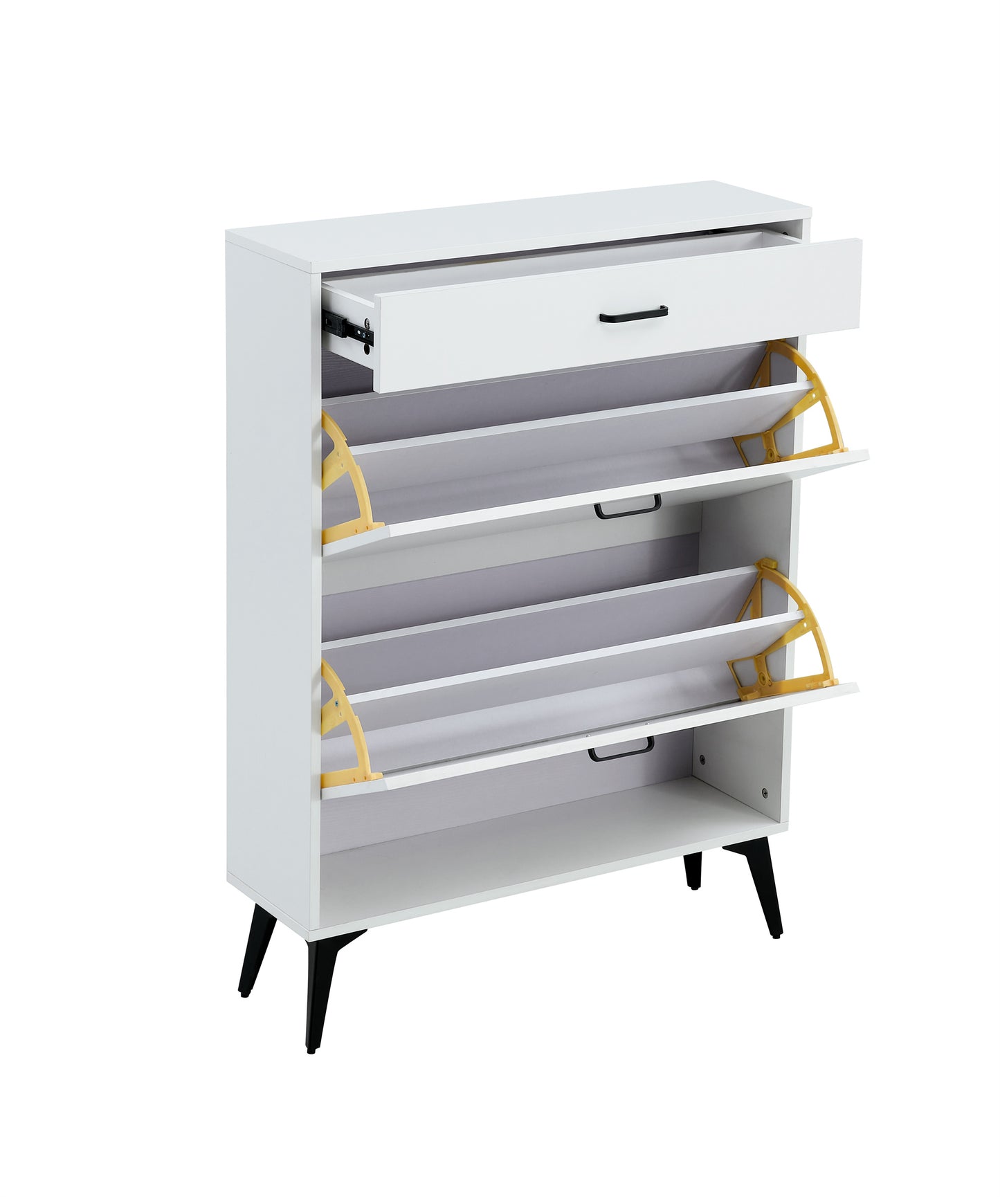 Modern White Shoe Cabinet with Metal Legs — Slim Profile Storage Shelves