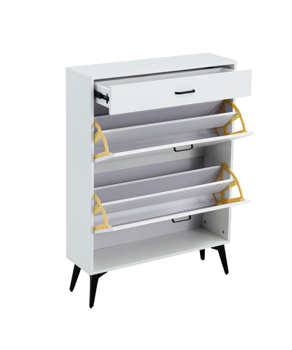 Modern White Shoe Cabinet with Metal Legs — Slim Profile Storage Shelves