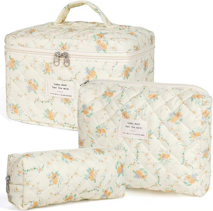 3-Piece Quilted Floral Cosmetic Bag Set – Cotton Travel Toiletry & Skincare Organizer