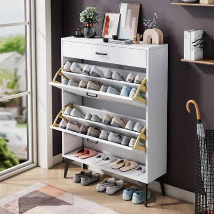 Modern White Shoe Cabinet with Metal Legs — Slim Profile Storage Shelves
