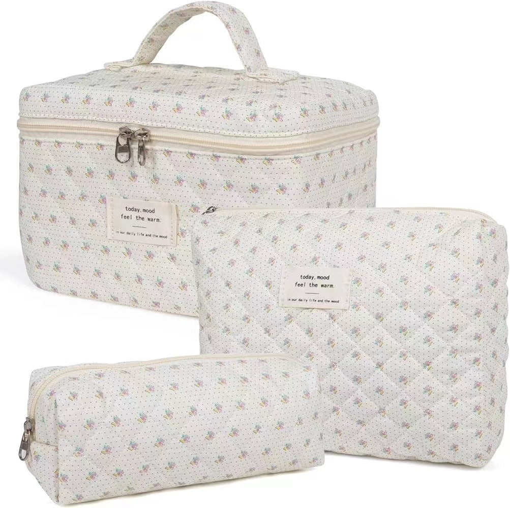3-Piece Quilted Floral Cosmetic Bag Set – Cotton Travel Toiletry & Skincare Organizer