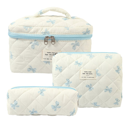 3-Piece Quilted Floral Cosmetic Bag Set – Cotton Travel Toiletry & Skincare Organizer