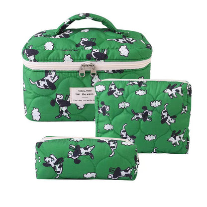 3-Piece Quilted Floral Cosmetic Bag Set – Cotton Travel Toiletry & Skincare Organizer