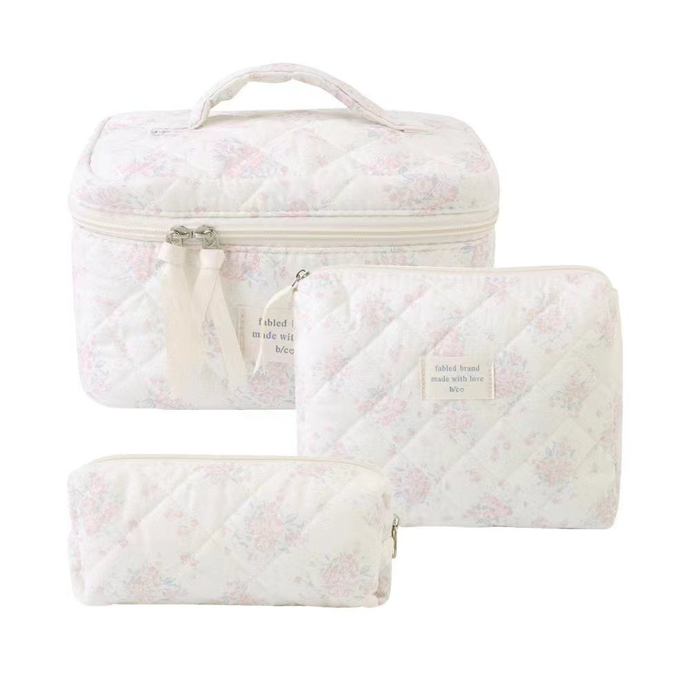 3-Piece Quilted Floral Cosmetic Bag Set – Cotton Travel Toiletry & Skincare Organizer