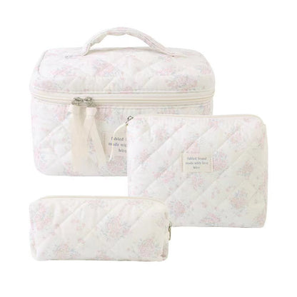 3-Piece Quilted Floral Cosmetic Bag Set – Cotton Travel Toiletry & Skincare Organizer