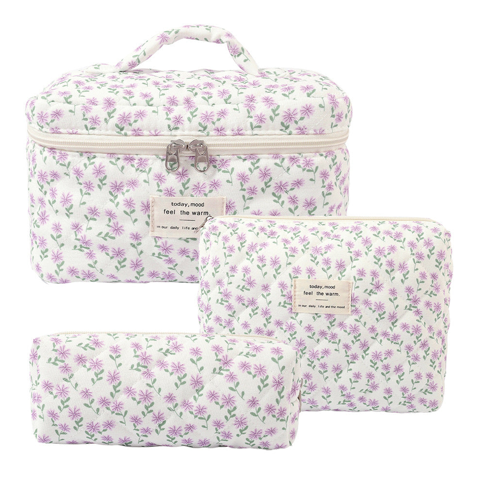 3-Piece Quilted Floral Cosmetic Bag Set – Cotton Travel Toiletry & Skincare Organizer
