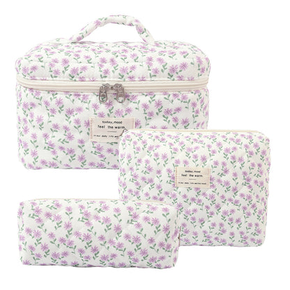 3-Piece Quilted Floral Cosmetic Bag Set – Cotton Travel Toiletry & Skincare Organizer