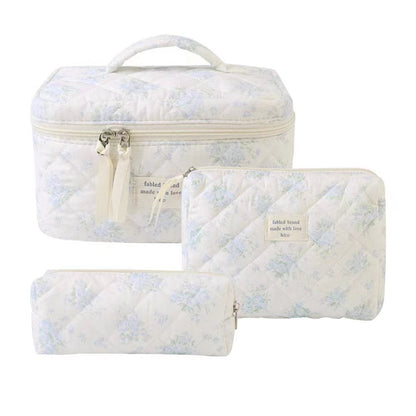 3-Piece Quilted Floral Cosmetic Bag Set – Cotton Travel Toiletry & Skincare Organizer