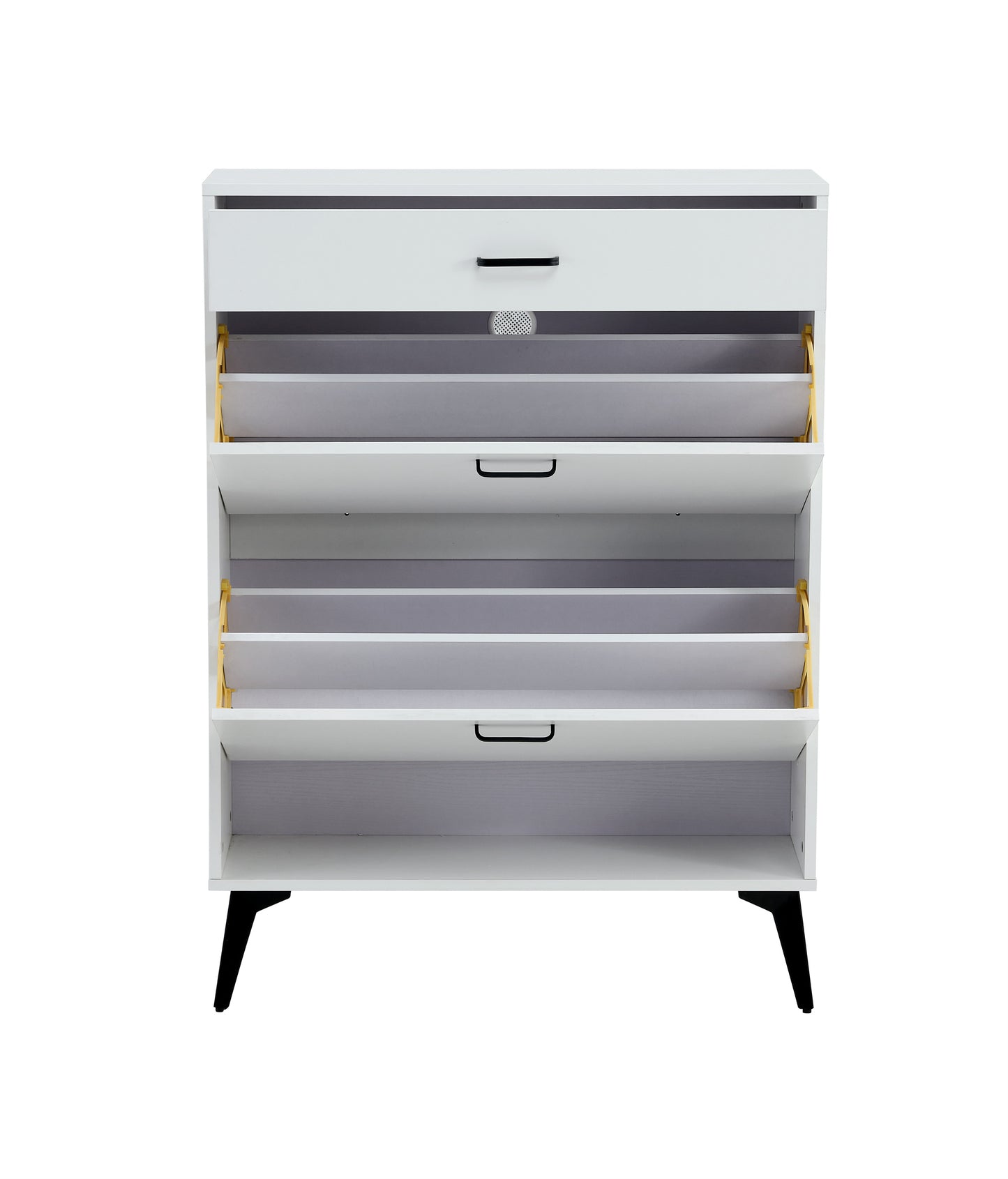 Modern White Shoe Cabinet with Metal Legs — Slim Profile Storage Shelves