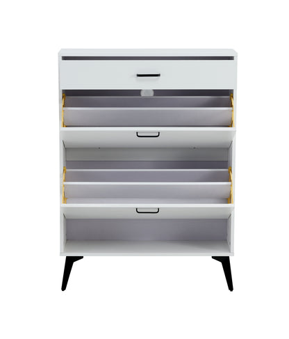 Modern White Shoe Cabinet with Metal Legs — Slim Profile Storage Shelves