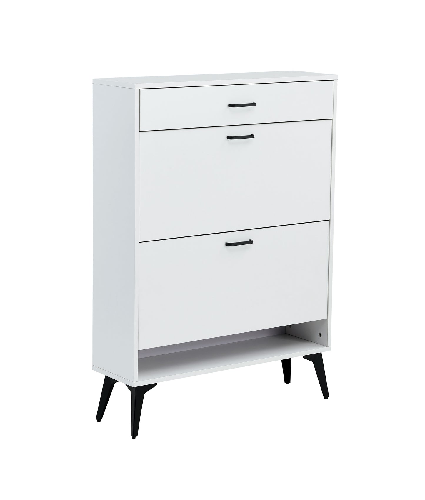 Modern White Shoe Cabinet with Metal Legs — Slim Profile Storage Shelves