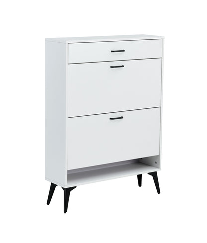 Modern White Shoe Cabinet with Metal Legs — Slim Profile Storage Shelves