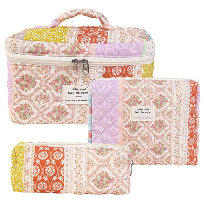 3-Piece Quilted Floral Cosmetic Bag Set – Cotton Travel Toiletry & Skincare Organizer