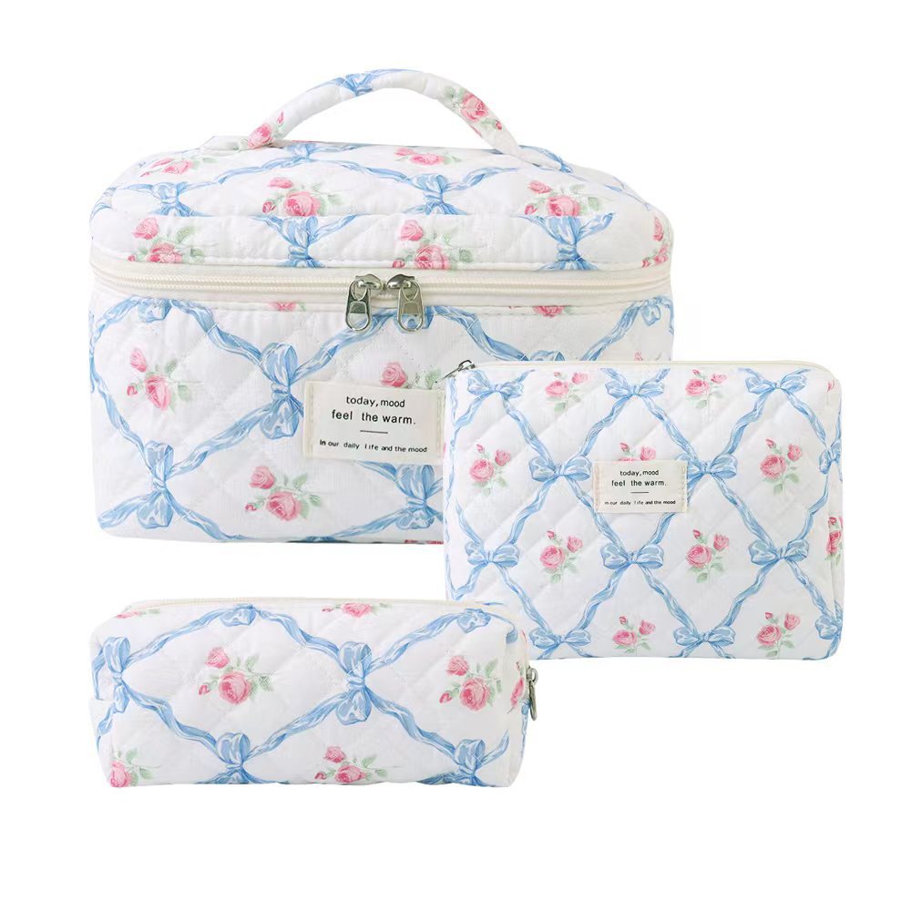 3-Piece Quilted Floral Cosmetic Bag Set – Cotton Travel Toiletry & Skincare Organizer