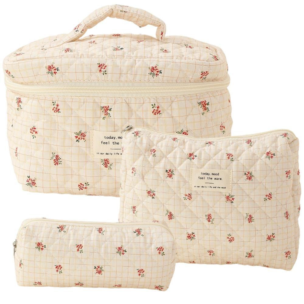 3-Piece Quilted Floral Cosmetic Bag Set – Cotton Travel Toiletry & Skincare Organizer