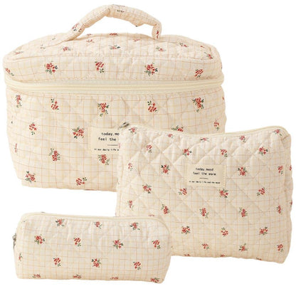 3-Piece Quilted Floral Cosmetic Bag Set – Cotton Travel Toiletry & Skincare Organizer