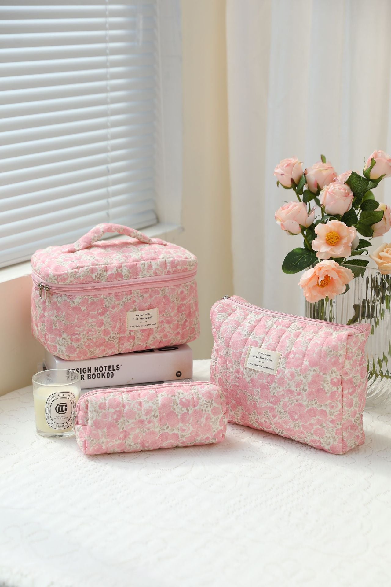 3-Piece Quilted Floral Cosmetic Bag Set – Cotton Travel Toiletry & Skincare Organizer