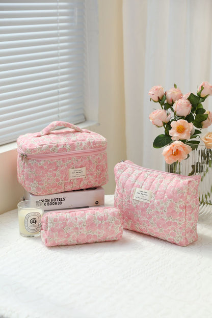 3-Piece Quilted Floral Cosmetic Bag Set – Cotton Travel Toiletry & Skincare Organizer