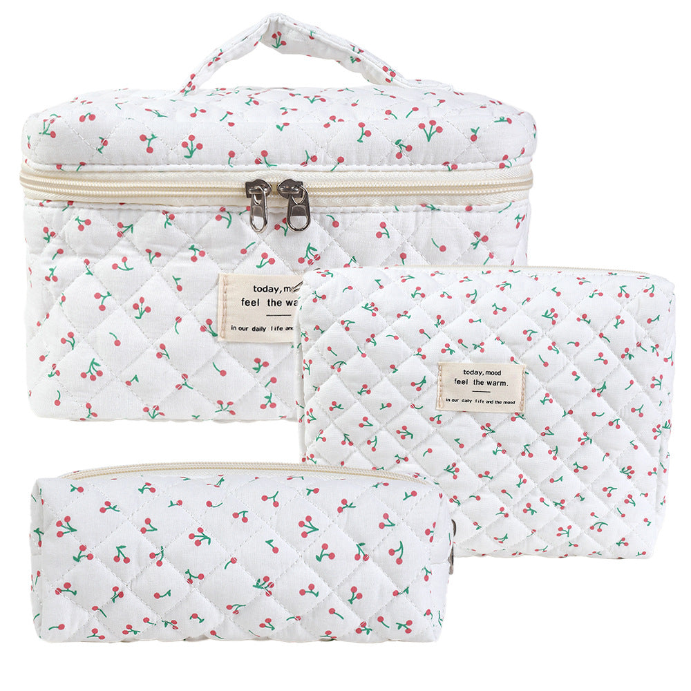 3-Piece Quilted Floral Cosmetic Bag Set – Cotton Travel Toiletry & Skincare Organizer