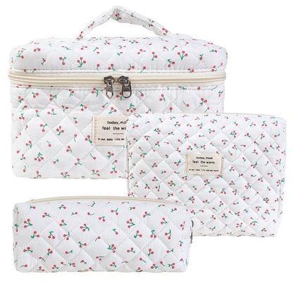 3-Piece Quilted Floral Cosmetic Bag Set – Cotton Travel Toiletry & Skincare Organizer