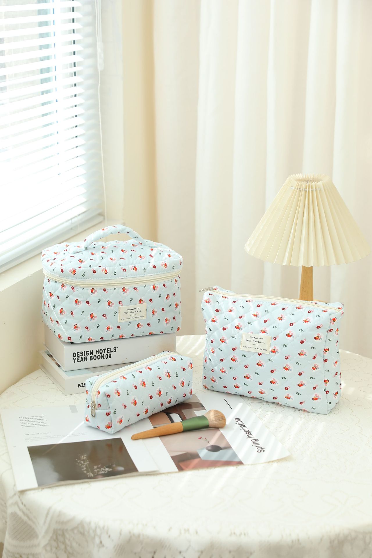 3-Piece Quilted Floral Cosmetic Bag Set – Cotton Travel Toiletry & Skincare Organizer