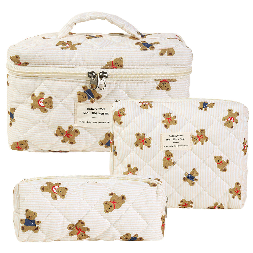 3-Piece Quilted Floral Cosmetic Bag Set – Cotton Travel Toiletry & Skincare Organizer