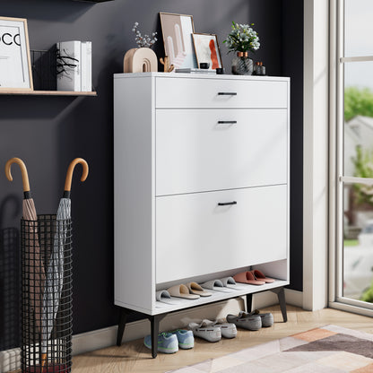 Modern White Shoe Cabinet with Metal Legs — Slim Profile Storage Shelves