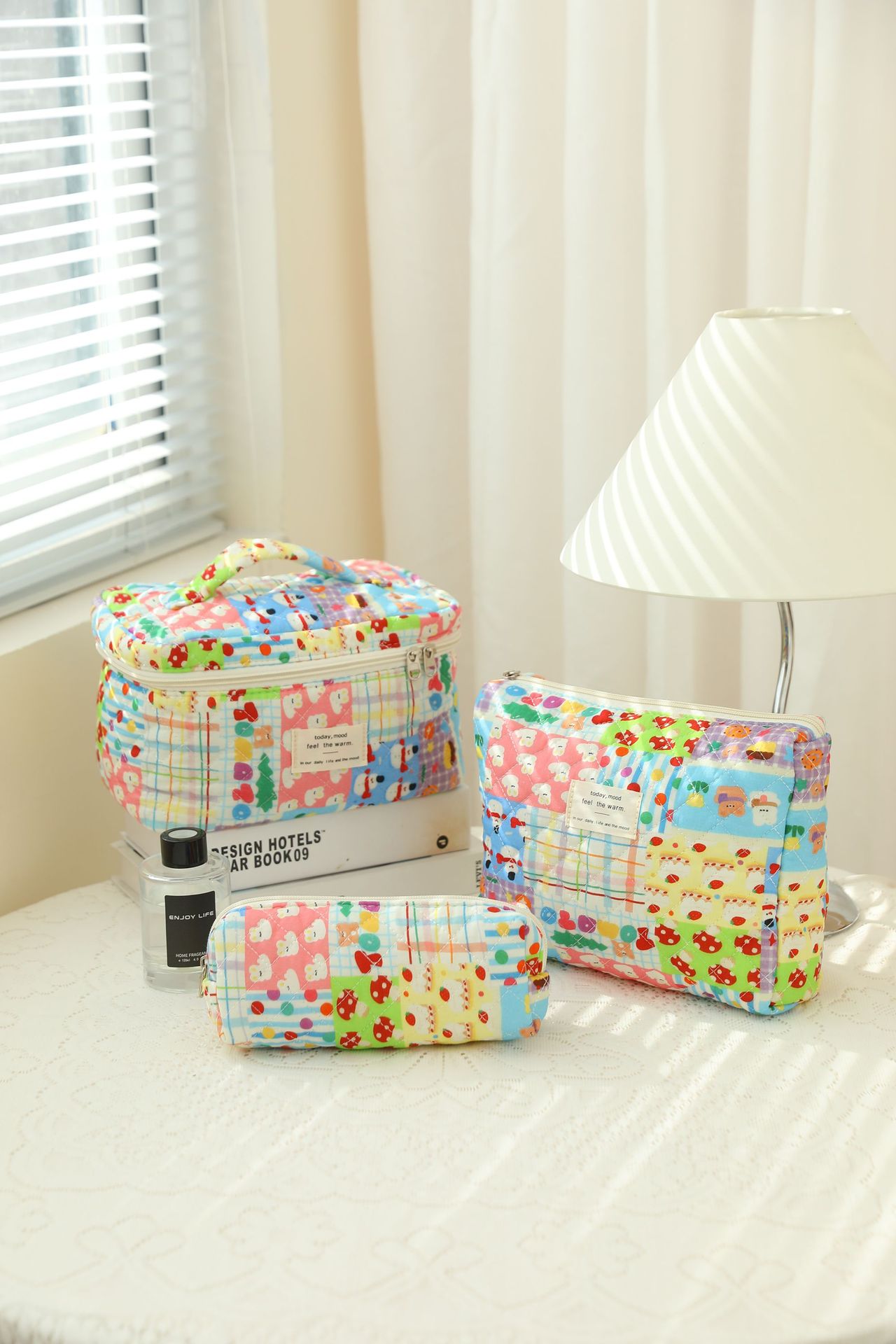 3-Piece Quilted Floral Cosmetic Bag Set – Cotton Travel Toiletry & Skincare Organizer