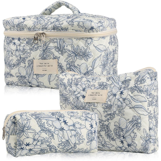 3-Piece Quilted Floral Cosmetic Bag Set – Cotton Travel Toiletry & Skincare Organizer