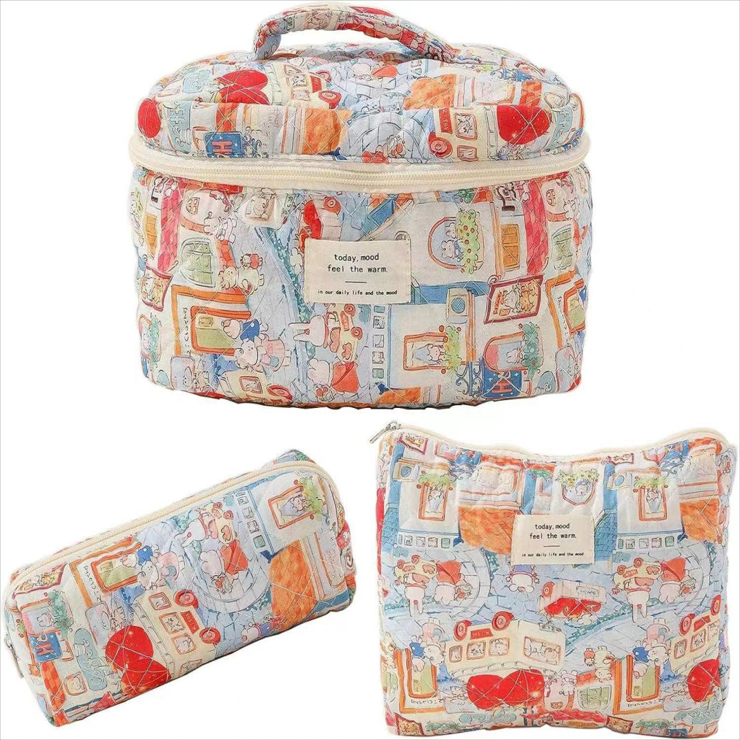 3-Piece Quilted Floral Cosmetic Bag Set – Cotton Travel Toiletry & Skincare Organizer