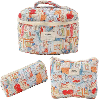 3-Piece Quilted Floral Cosmetic Bag Set – Cotton Travel Toiletry & Skincare Organizer