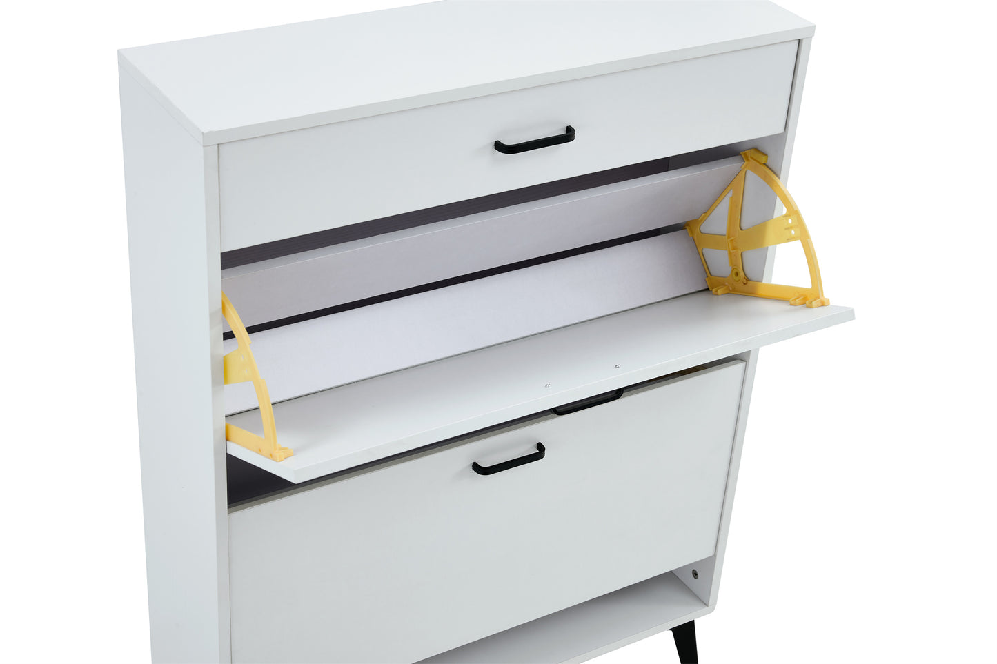 Modern White Shoe Cabinet with Metal Legs — Slim Profile Storage Shelves