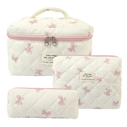 3-Piece Quilted Floral Cosmetic Bag Set – Cotton Travel Toiletry & Skincare Organizer