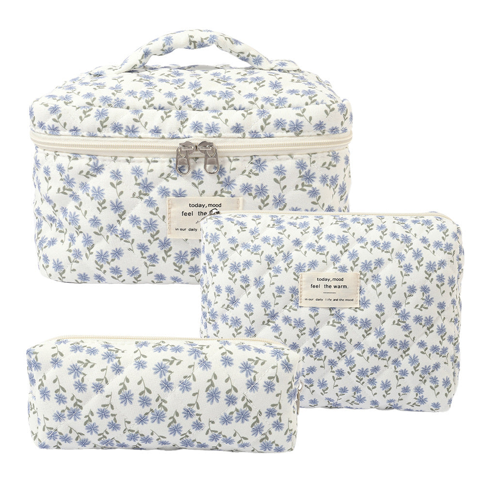 3-Piece Quilted Floral Cosmetic Bag Set – Cotton Travel Toiletry & Skincare Organizer