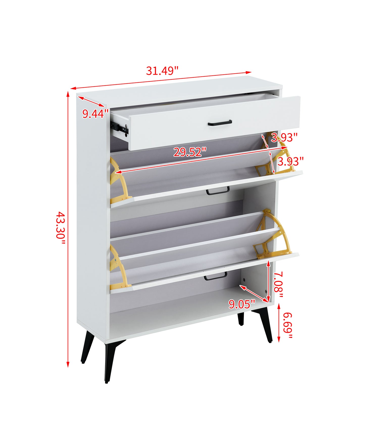 Modern White Shoe Cabinet with Metal Legs — Slim Profile Storage Shelves