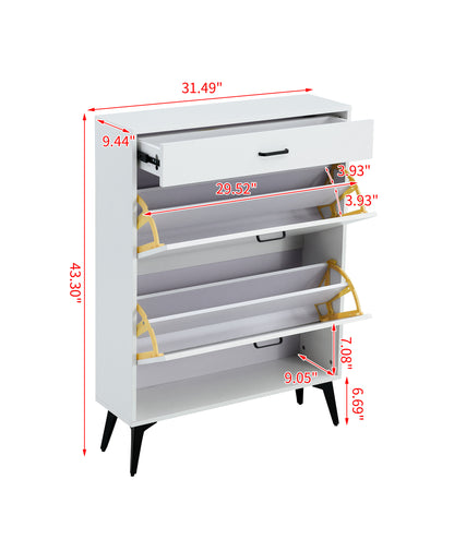 Modern White Shoe Cabinet with Metal Legs — Slim Profile Storage Shelves
