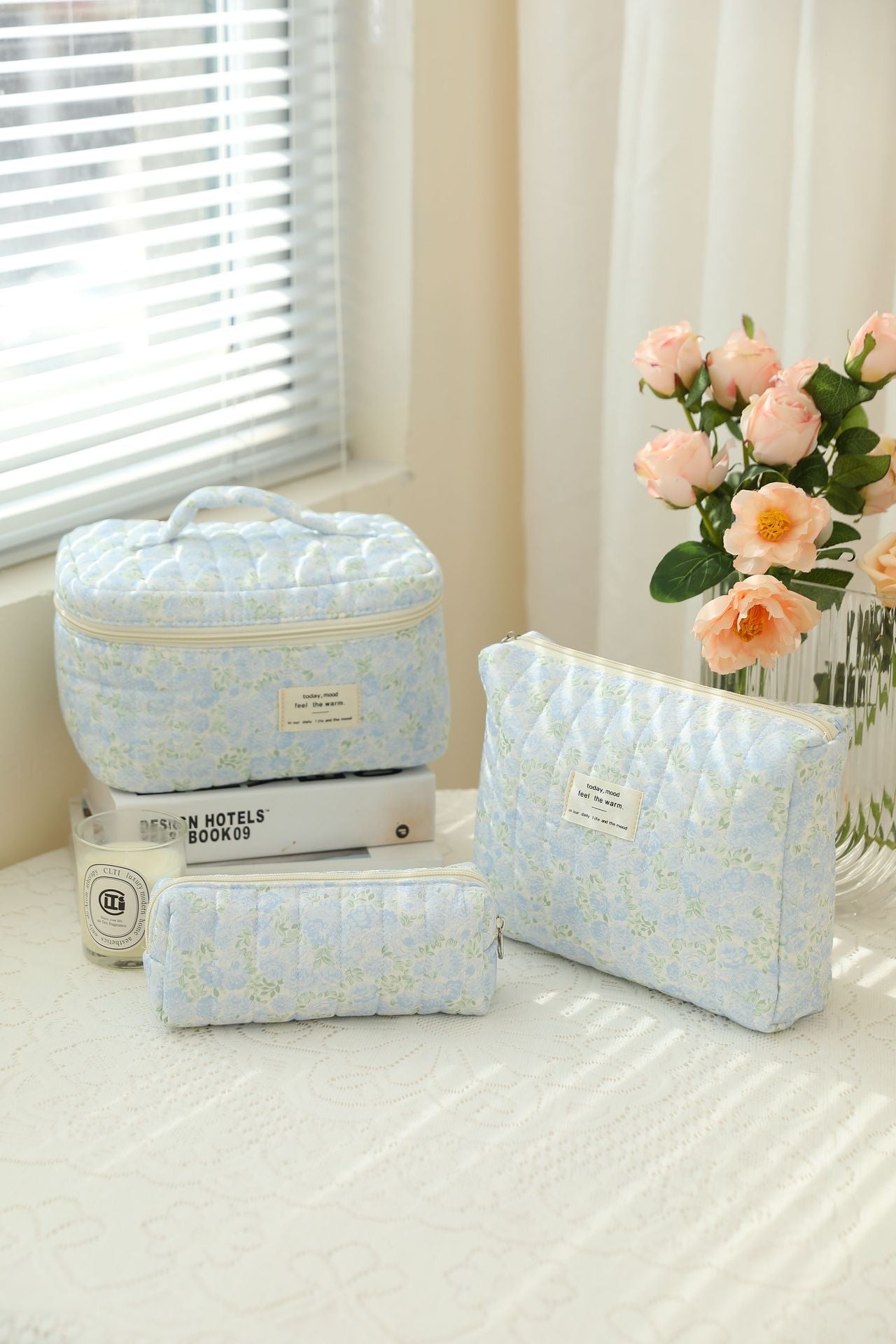3-Piece Quilted Floral Cosmetic Bag Set – Cotton Travel Toiletry & Skincare Organizer