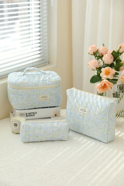 3-Piece Quilted Floral Cosmetic Bag Set – Cotton Travel Toiletry & Skincare Organizer