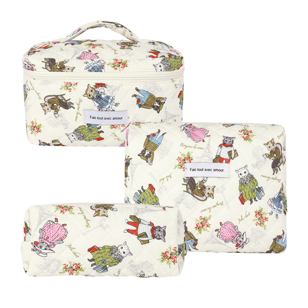 3-Piece Quilted Floral Cosmetic Bag Set – Cotton Travel Toiletry & Skincare Organizer