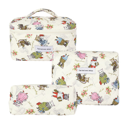 3-Piece Quilted Floral Cosmetic Bag Set – Cotton Travel Toiletry & Skincare Organizer