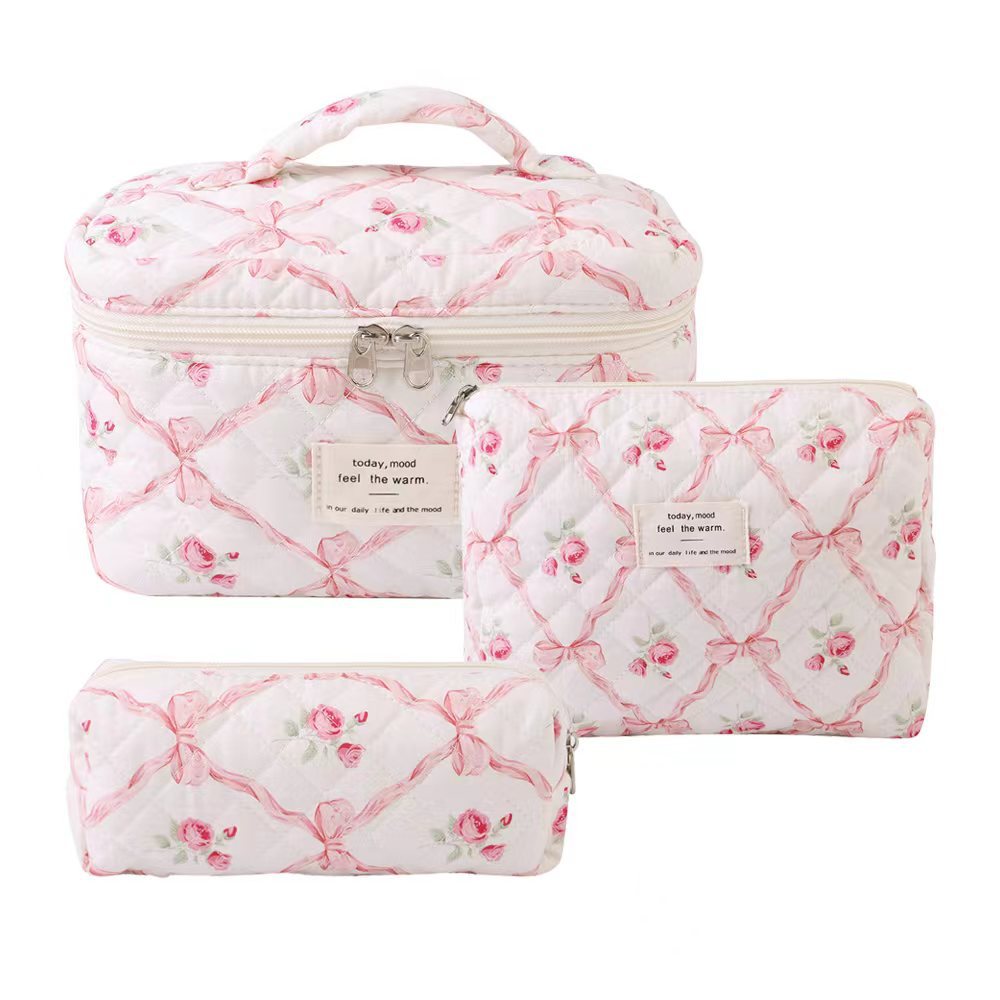 3-Piece Quilted Floral Cosmetic Bag Set – Cotton Travel Toiletry & Skincare Organizer