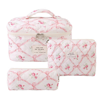 3-Piece Quilted Floral Cosmetic Bag Set – Cotton Travel Toiletry & Skincare Organizer