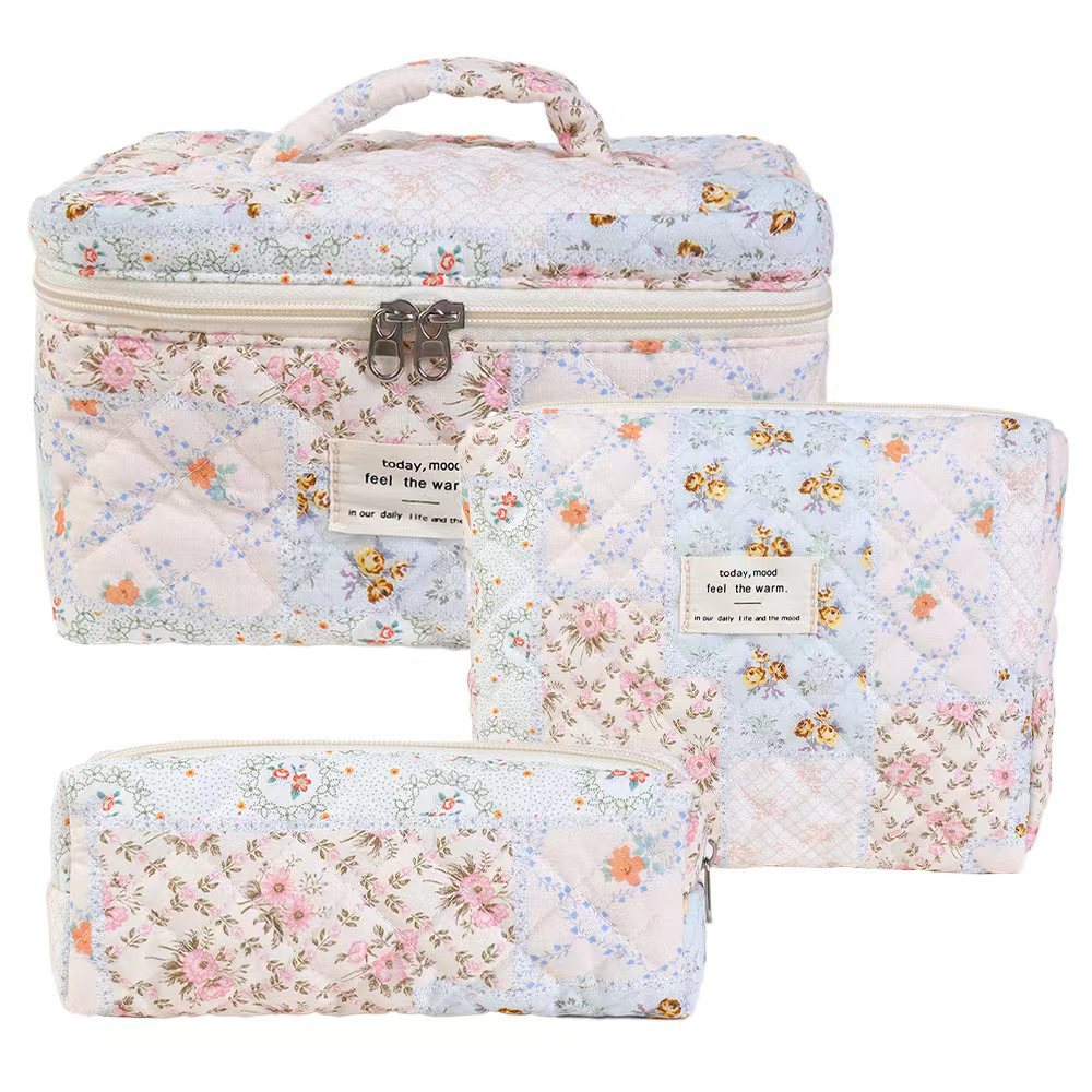 3-Piece Quilted Floral Cosmetic Bag Set – Cotton Travel Toiletry & Skincare Organizer