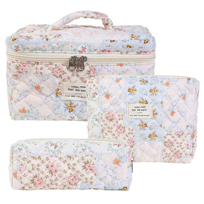 3-Piece Quilted Floral Cosmetic Bag Set – Cotton Travel Toiletry & Skincare Organizer