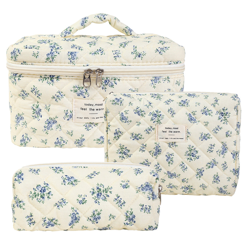 3-Piece Quilted Floral Cosmetic Bag Set – Cotton Travel Toiletry & Skincare Organizer