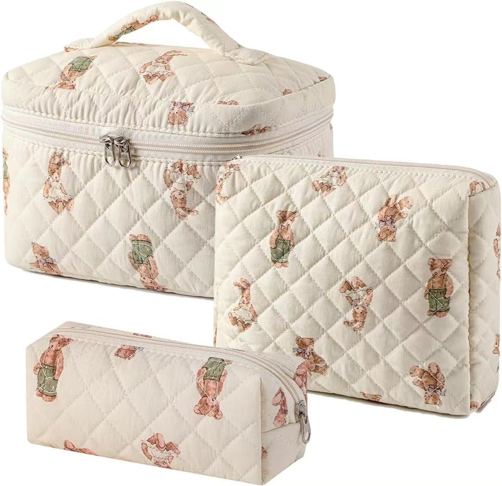 3-Piece Quilted Floral Cosmetic Bag Set – Cotton Travel Toiletry & Skincare Organizer