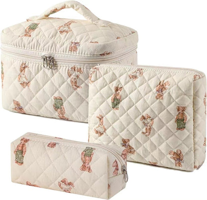 3-Piece Quilted Floral Cosmetic Bag Set – Cotton Travel Toiletry & Skincare Organizer