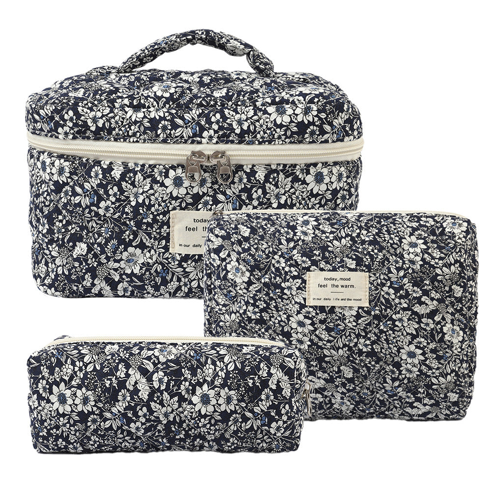 3-Piece Quilted Floral Cosmetic Bag Set – Cotton Travel Toiletry & Skincare Organizer