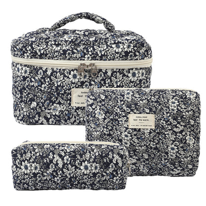 3-Piece Quilted Floral Cosmetic Bag Set – Cotton Travel Toiletry & Skincare Organizer